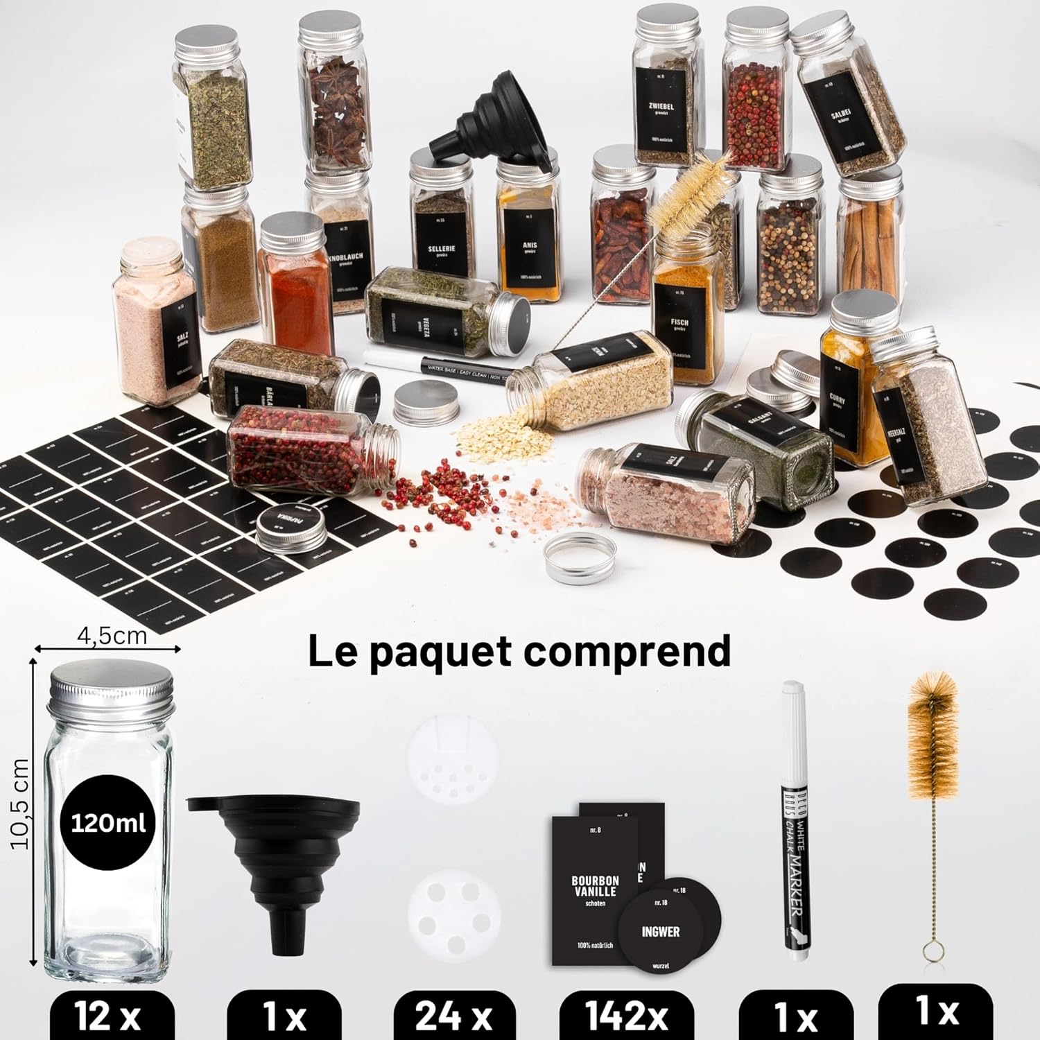 Set de 12 pots à épices en verre avec étiquettes