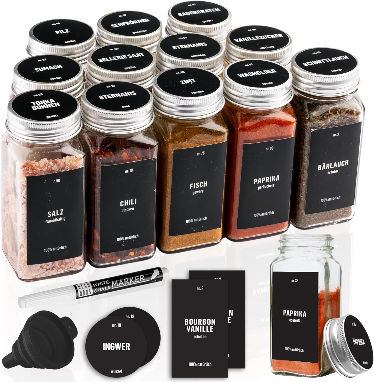 Set de 12 pots à épices en verre avec étiquettes